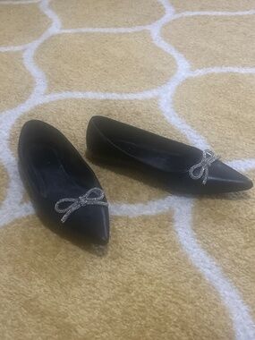 Pointed Toe Black Leather Ballet Flats w/ Rhinestone Bow
